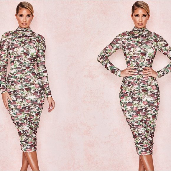 HOUSE OF CB 'Roseanne' Vintage Floral Ruched Midi Dress NWOT - Picture 4 of 10